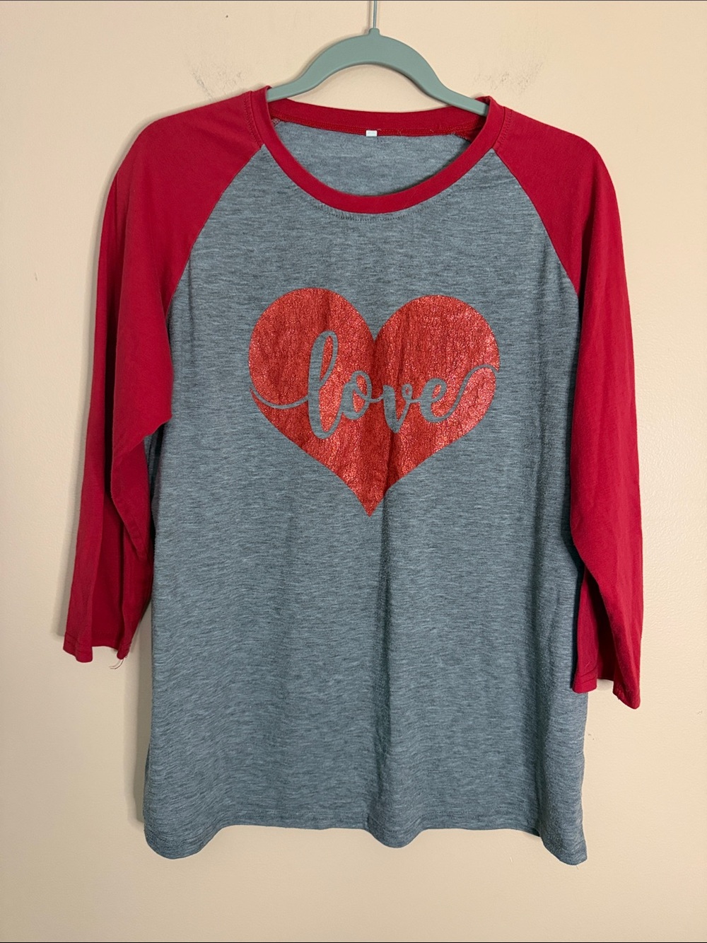 Girls' Gray Long-Sleeve Raglan Tee with Red Heart Graphic